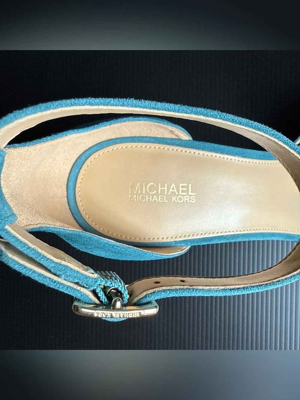 NIB Michael Kors Dark Cyan Suede Lana Mid Strappy Heels Shoes Women’s Size 10